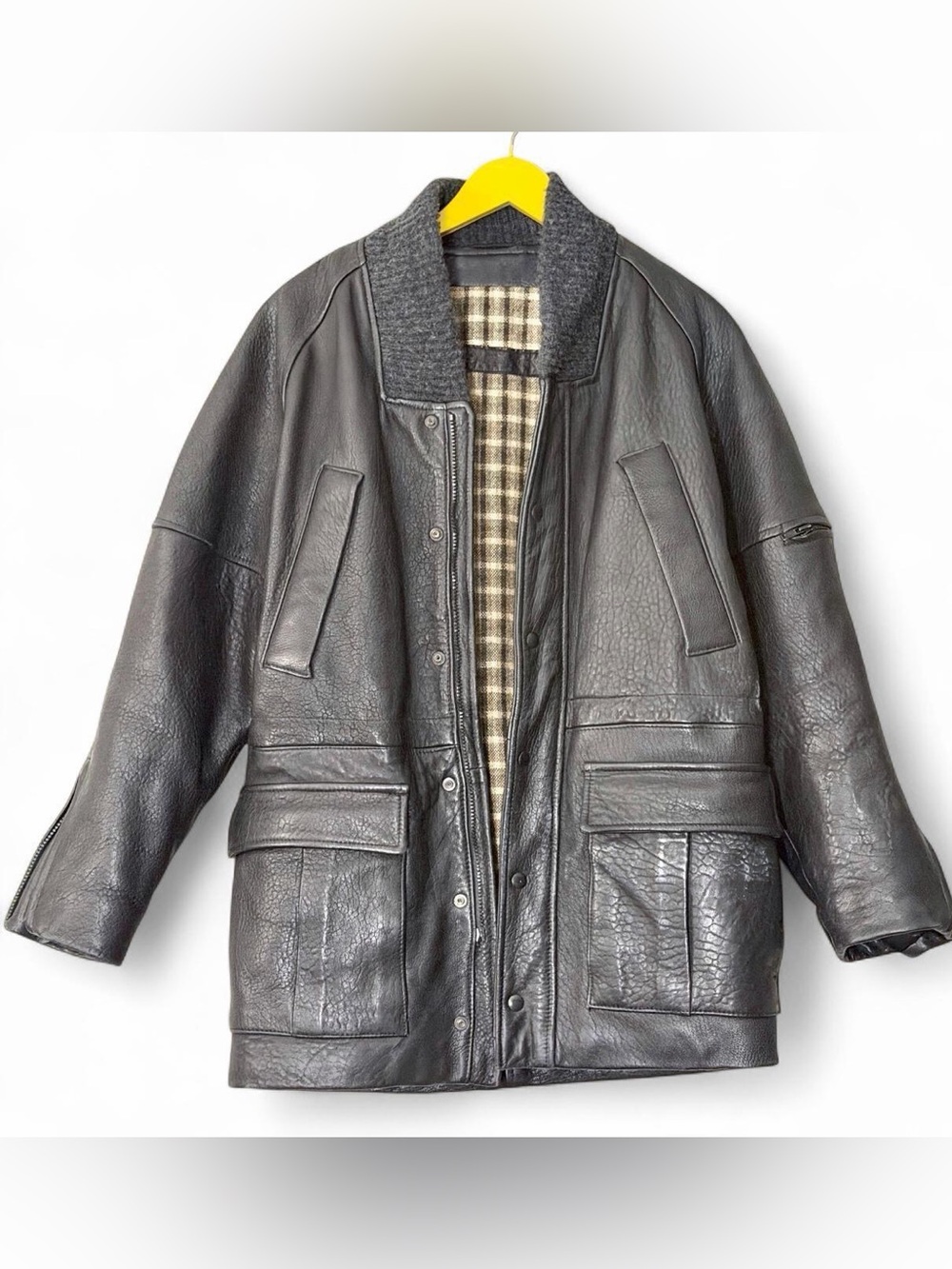 YSL 90s leather jacket with plaid lining and button-up front. Size 36 euro